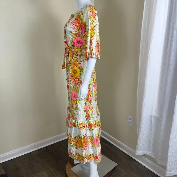 Vintage Miss Elaine Women Size S Floral Ruffle Maxi Dress 70s Retro Boho Peasant - Picture 12 of 17